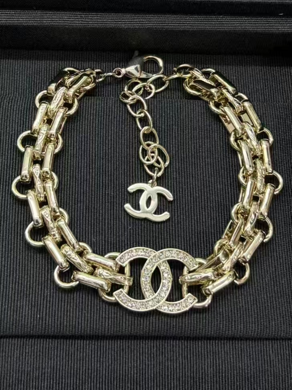 Chanel Crystal CC Logo Gold Tone Chain Bracelet